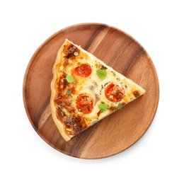 Photo of Piece of delicious homemade quiche prosciutto, tomatoes and greens isolated on white, top view