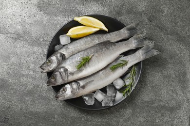 Sea bass fish and ingredients on grey table, top view