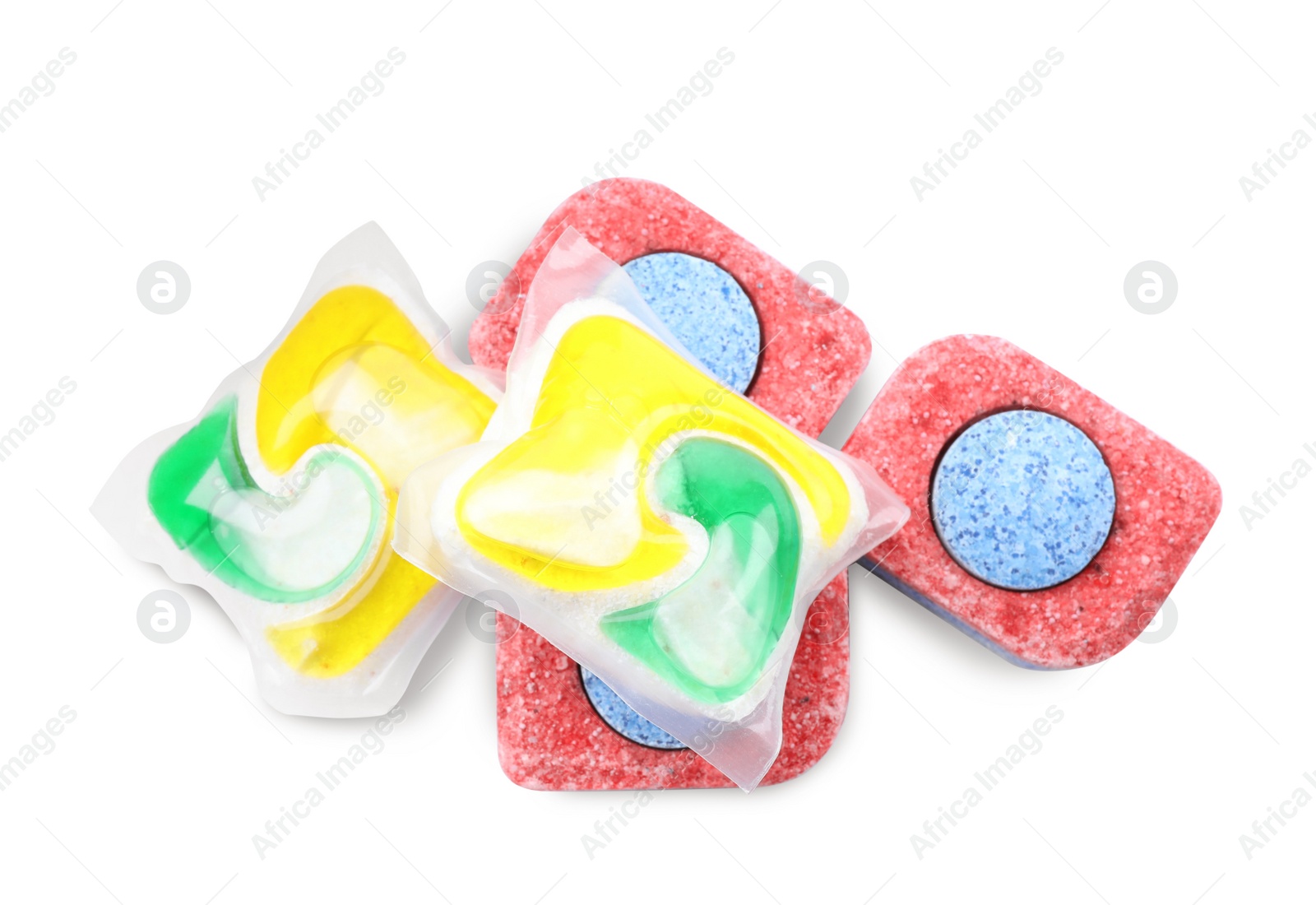 Photo of Dishwasher detergent pods and tablets on white background, top view