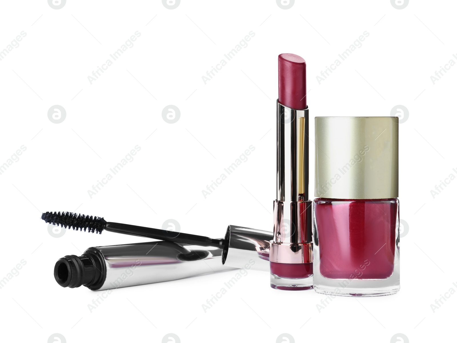 Photo of Different luxury decorative cosmetics on white background