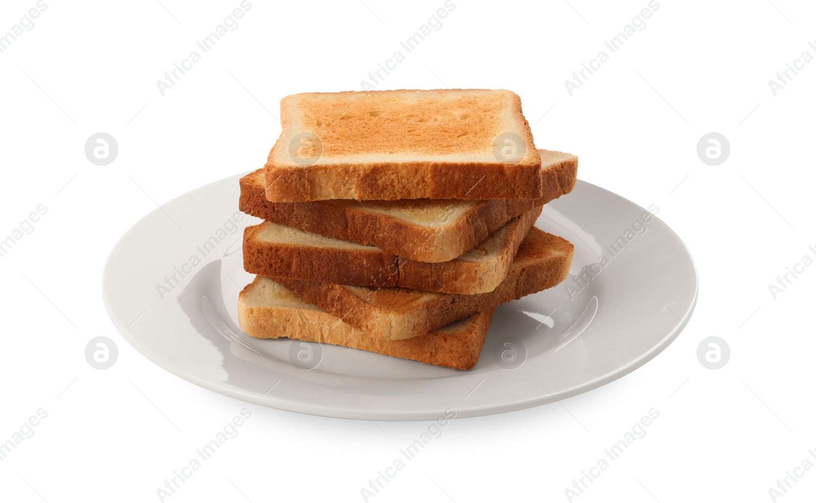 Photo of Plate with slices of delicious toasted bread on white background