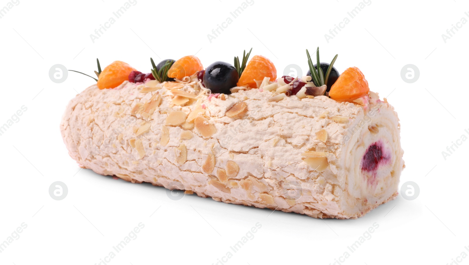 Photo of Tasty meringue roll with tangerine slices and rosemary isolated on white