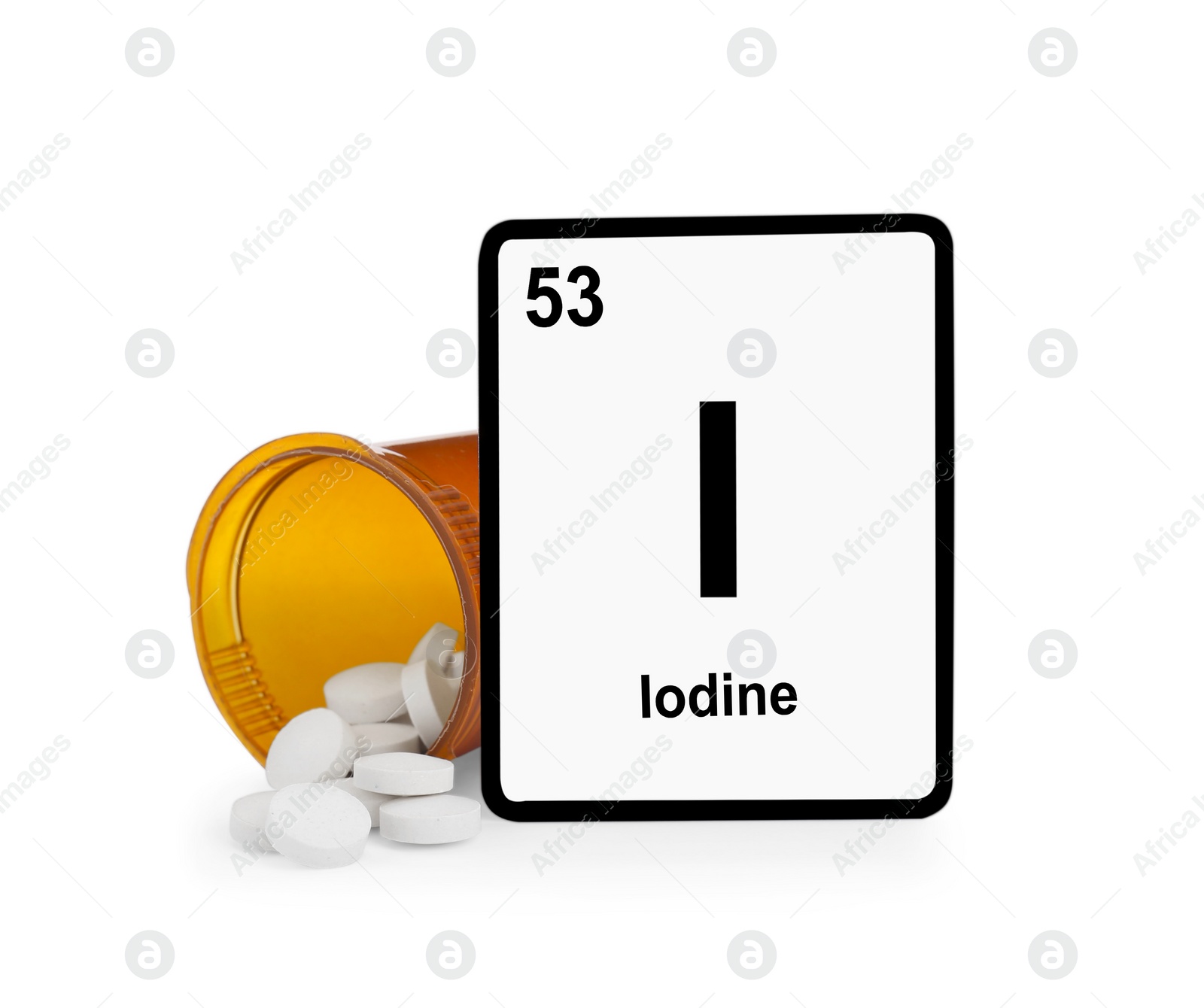 Photo of Card with iodine element, jar and pills isolated on white