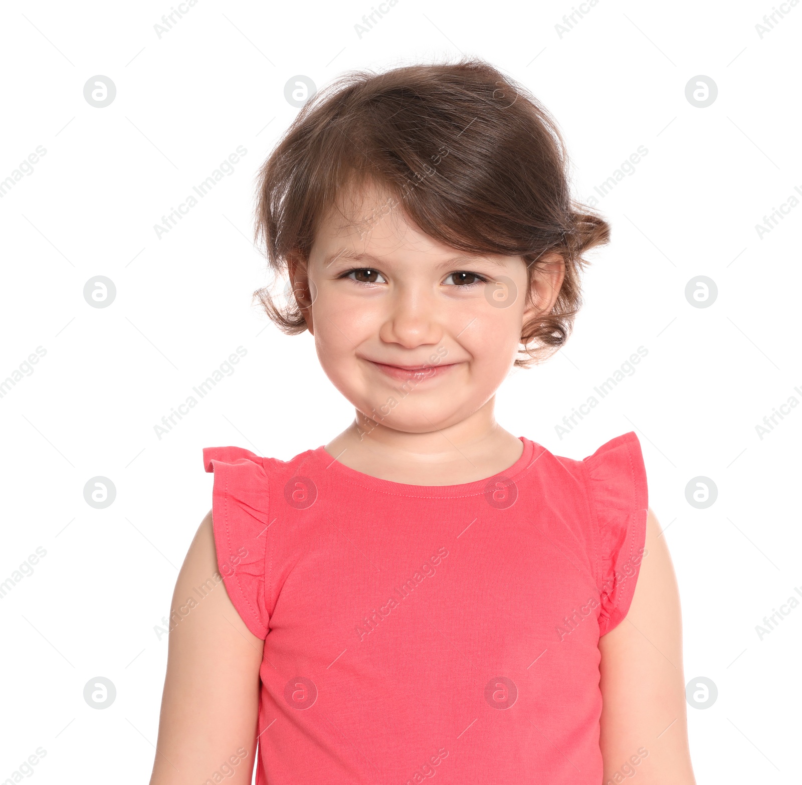 Photo of Portrait of happy little girl in casual outfit on white background