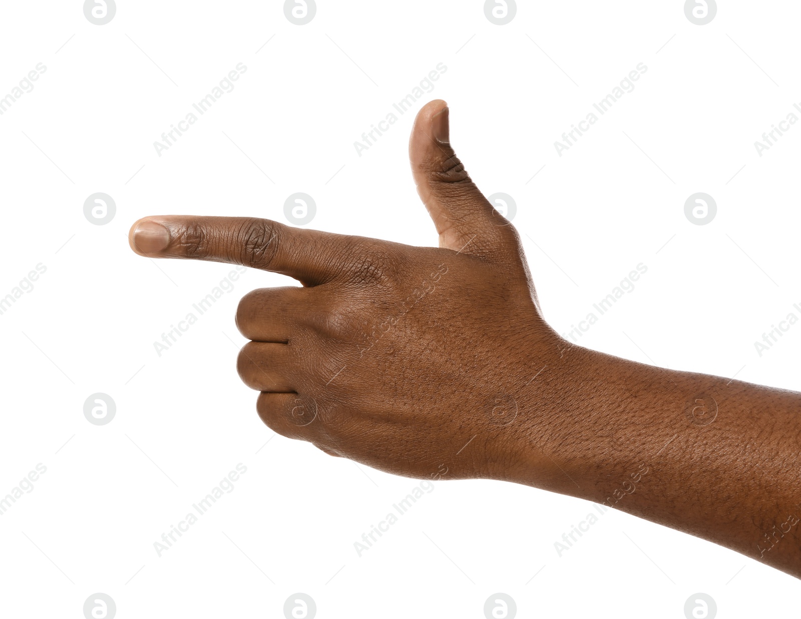 Photo of African-American man pointing at something on white background, closeup