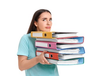 Photo of Disappointed woman with folders on white background