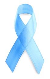 Light blue ribbon isolated on white, top view. World Cancer Day