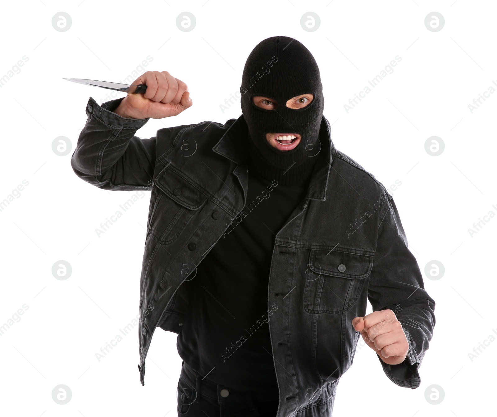 Photo of Man in mask with knife on white background. Dangerous criminal