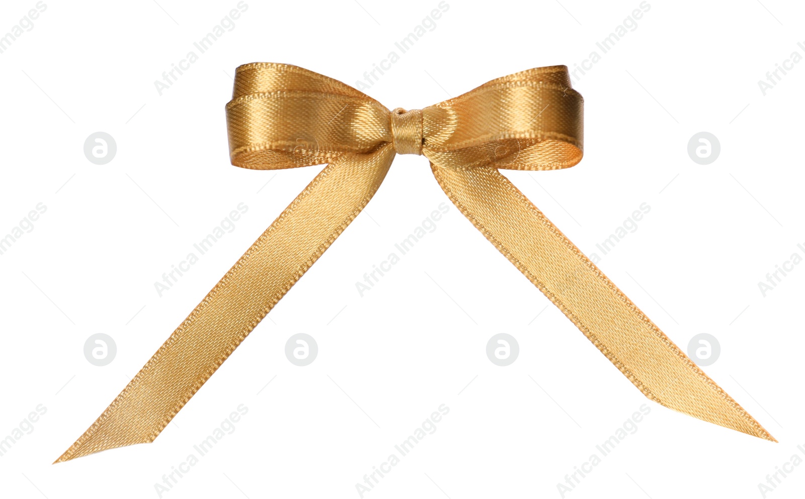 Photo of Beautiful golden ribbon tied in bow isolated on white, top view