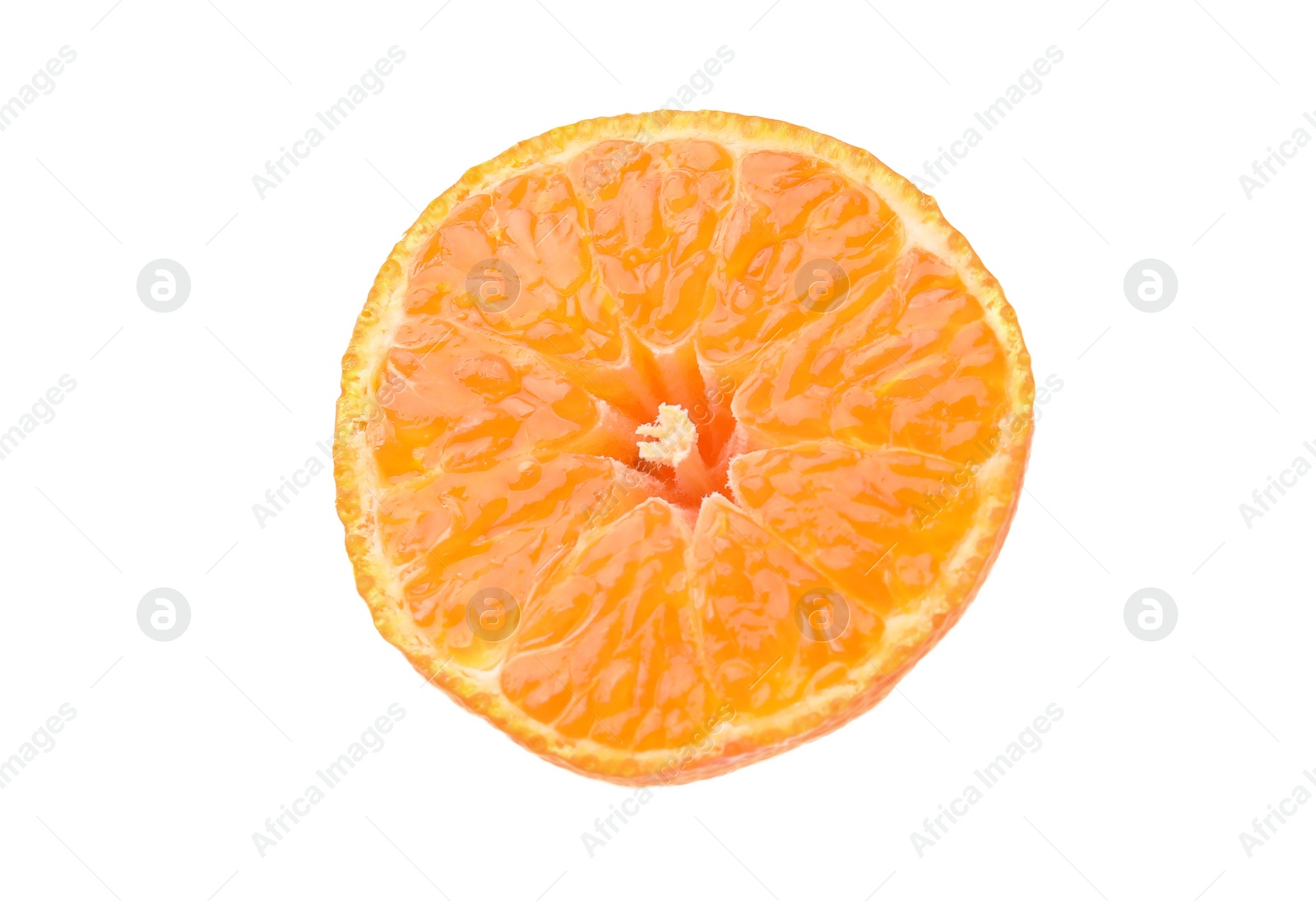 Photo of One fresh juicy tangerine slice on white background