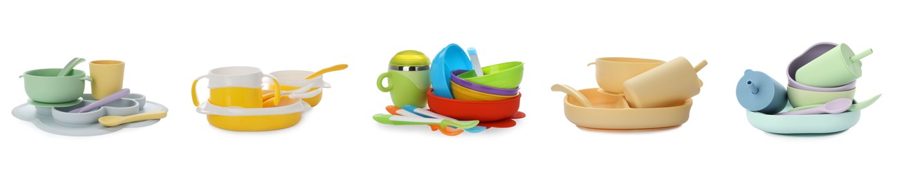 Set with colorful dishware on white background, banner design. Serving baby food