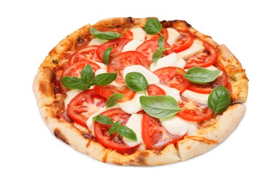 Photo of Delicious Caprese pizza with tomatoes, mozzarella and basil isolated on white