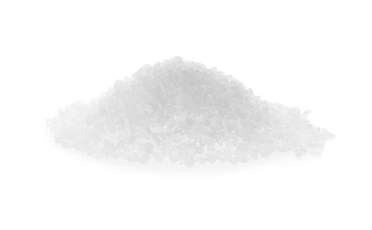 Photo of Pile of natural salt on white background