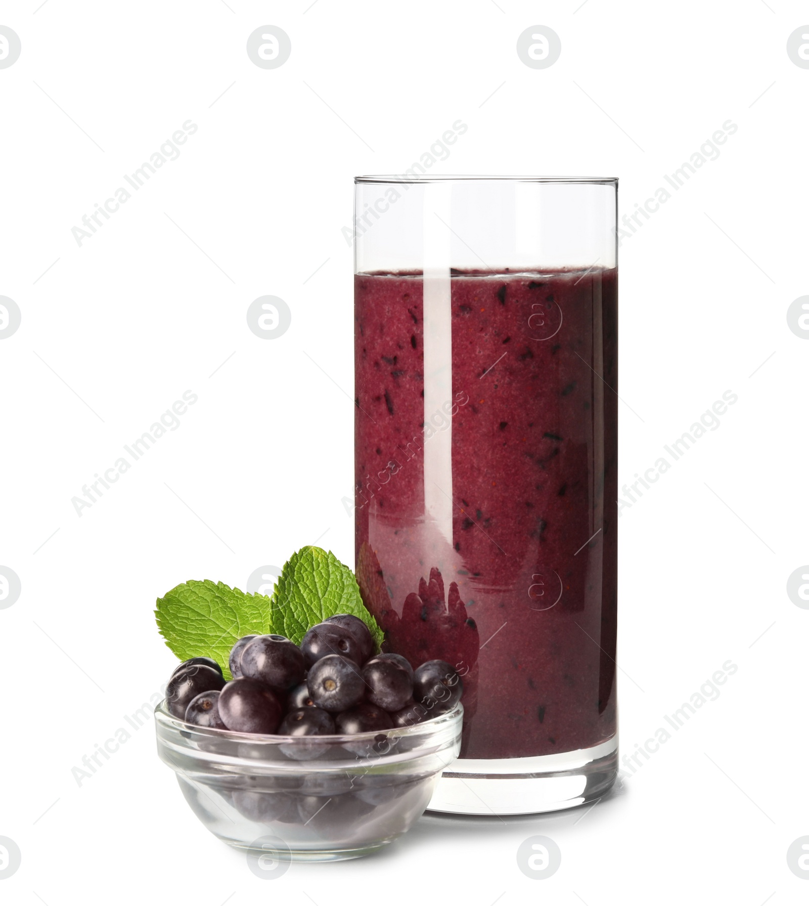 Photo of Glass with delicious acai smoothie on white background