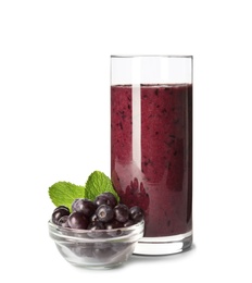 Photo of Glass with delicious acai smoothie on white background