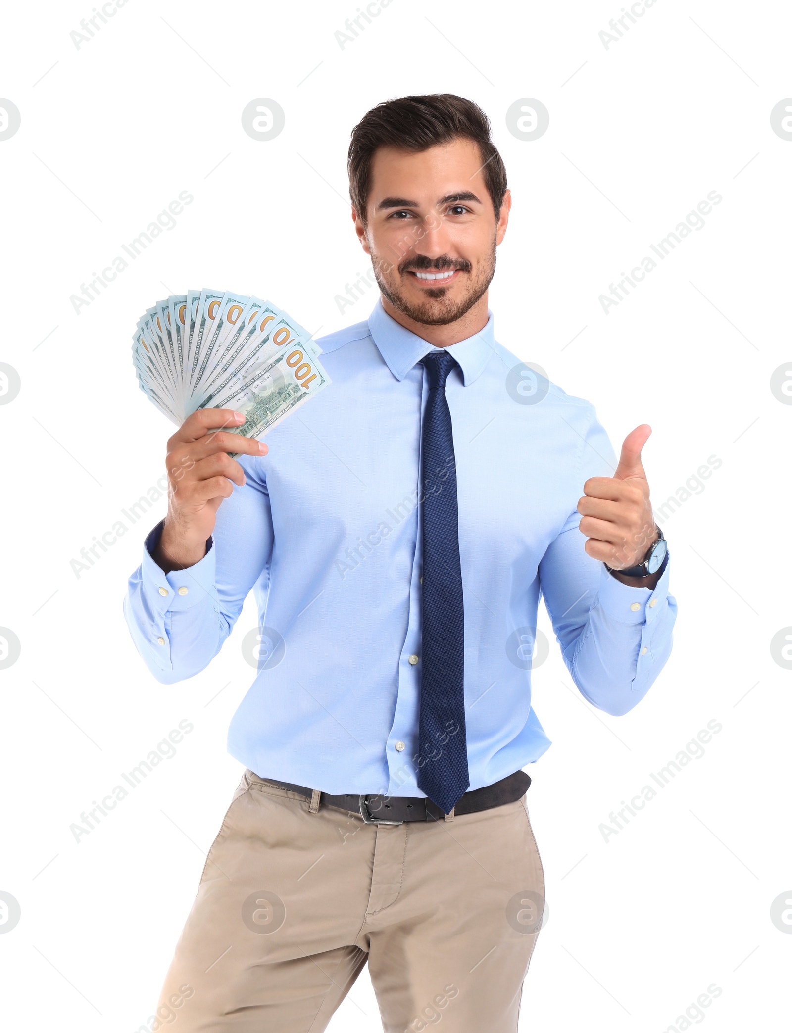 Photo of Handsome businessman with dollars on white background