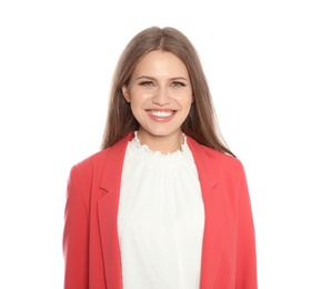 Photo of Portrait of young woman laughing on white background