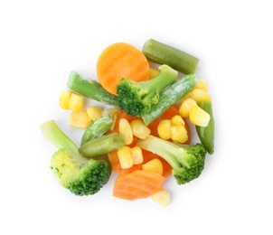 Mix of frozen vegetables on white background, top view