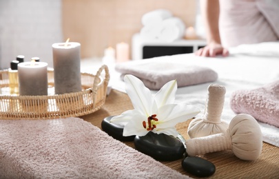 Spa essentials on table in wellness center