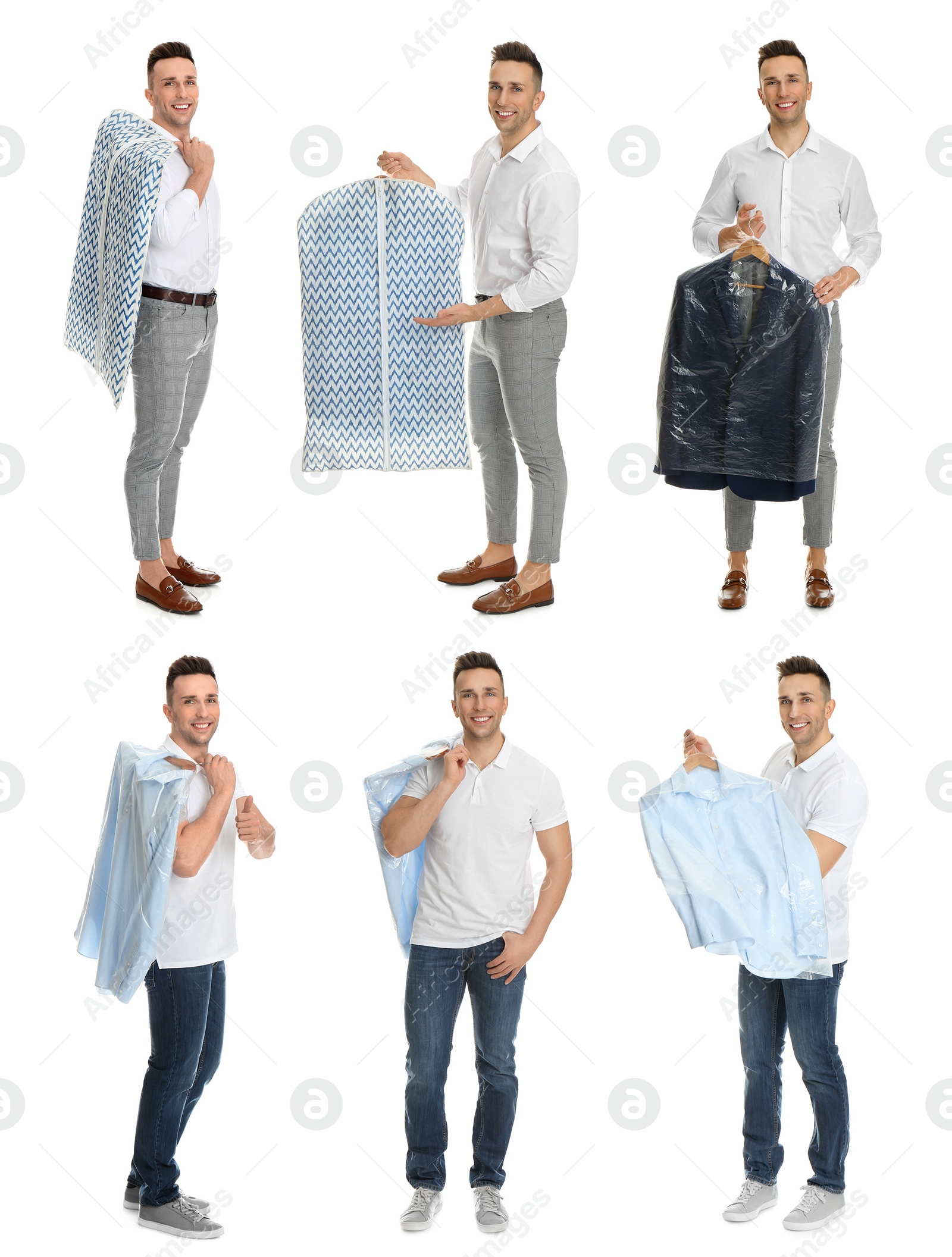 Image of Collage of man holding hanger with clothes on white background. Dry-cleaning service