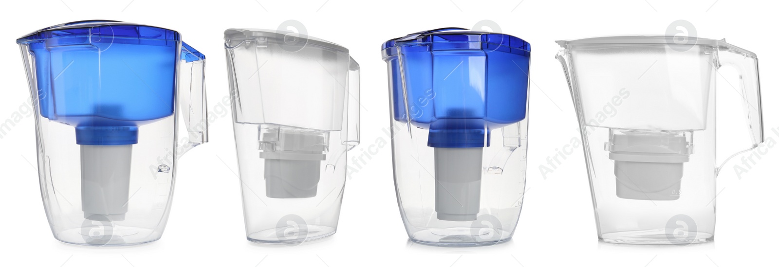 Image of Set with empty water filter jugs on white background. Banner design