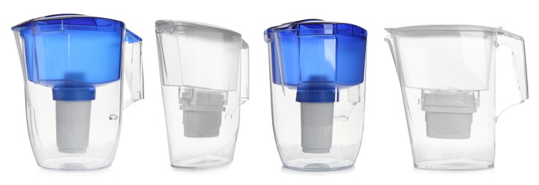 Set with empty water filter jugs on white background. Banner design