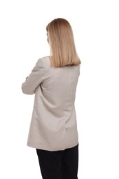 Businesswoman posing on white background, back view