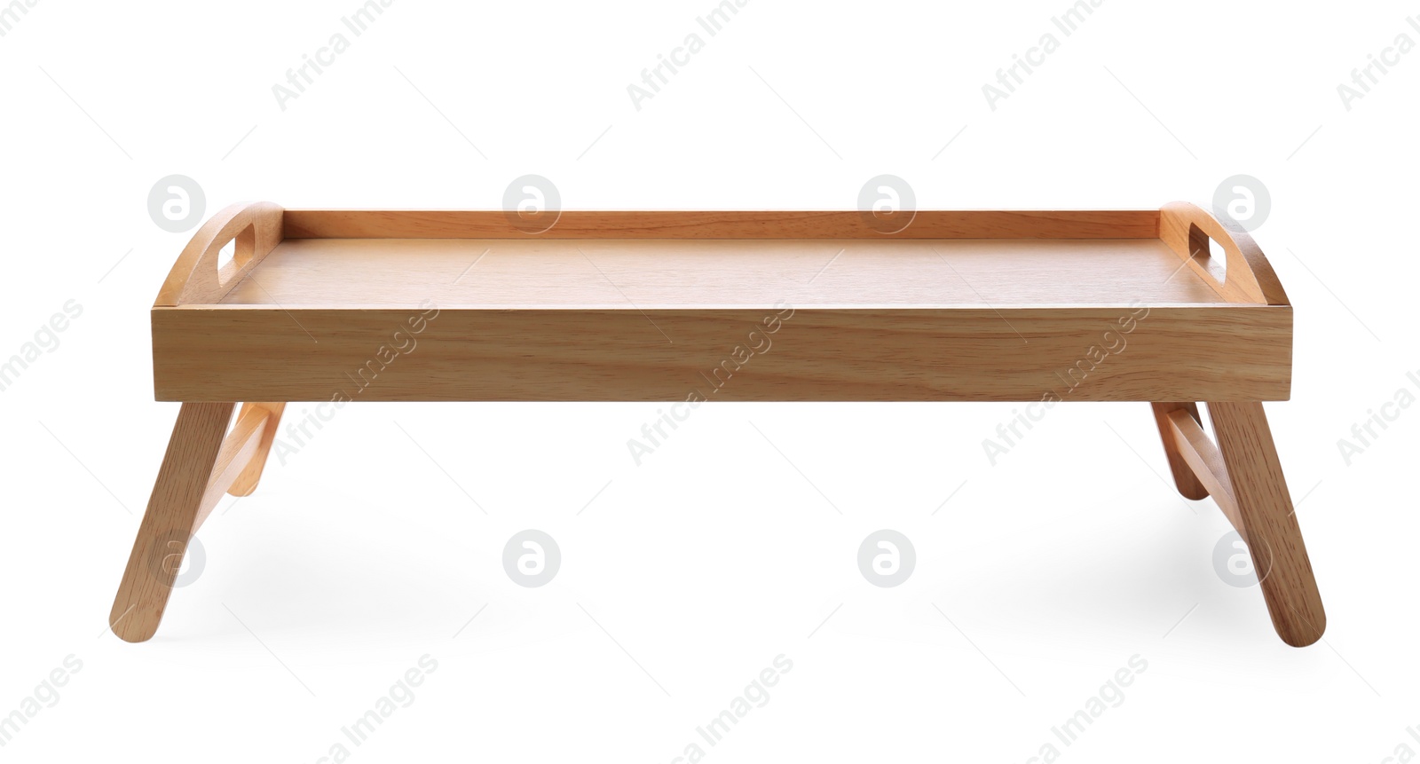 Photo of Empty wooden tray with legs isolated on white