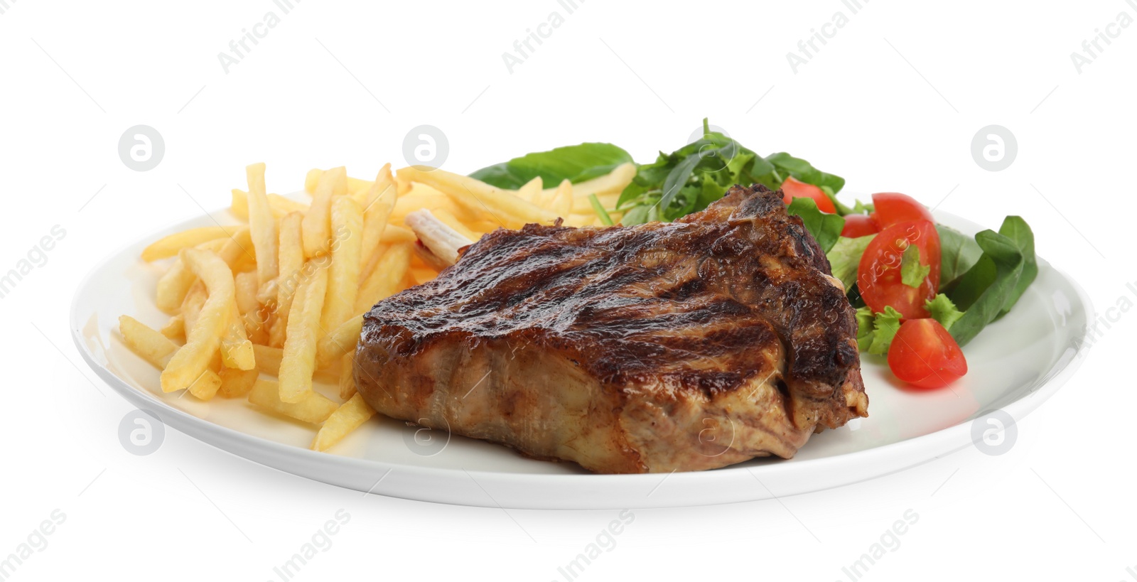 Photo of Tasty grilled beef steak, French fries and salad isolated on white