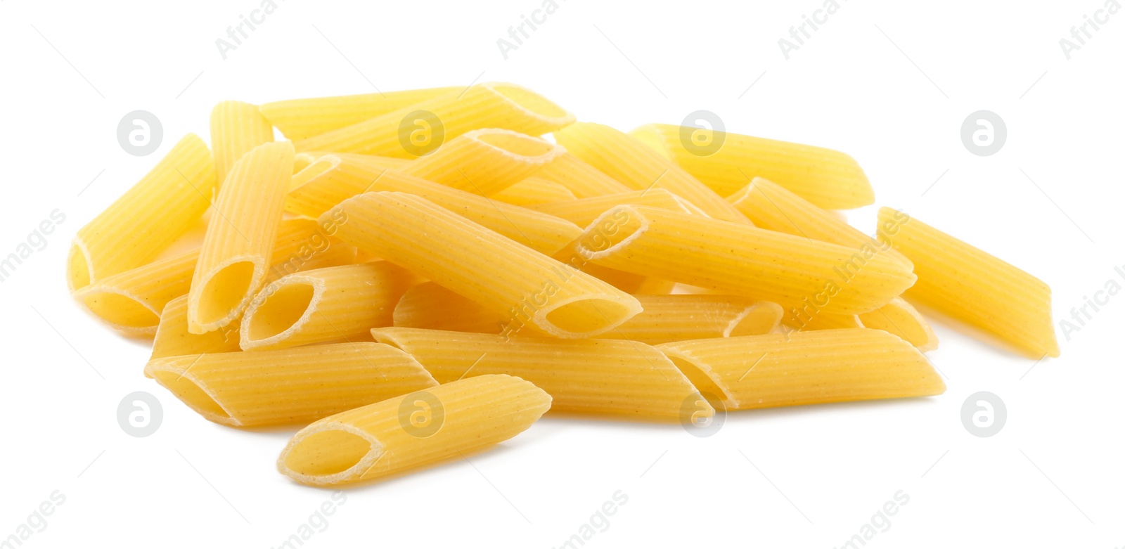 Photo of Pile of raw penne pasta isolated on white
