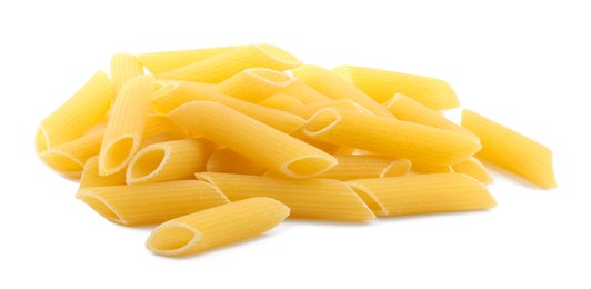 Photo of Pile of raw penne pasta isolated on white