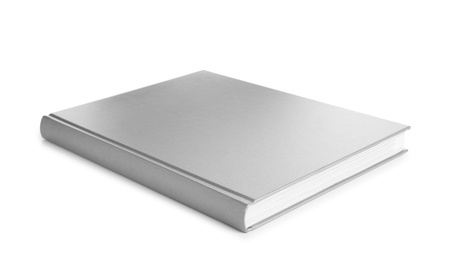 Closed book with grey hard cover isolated on white