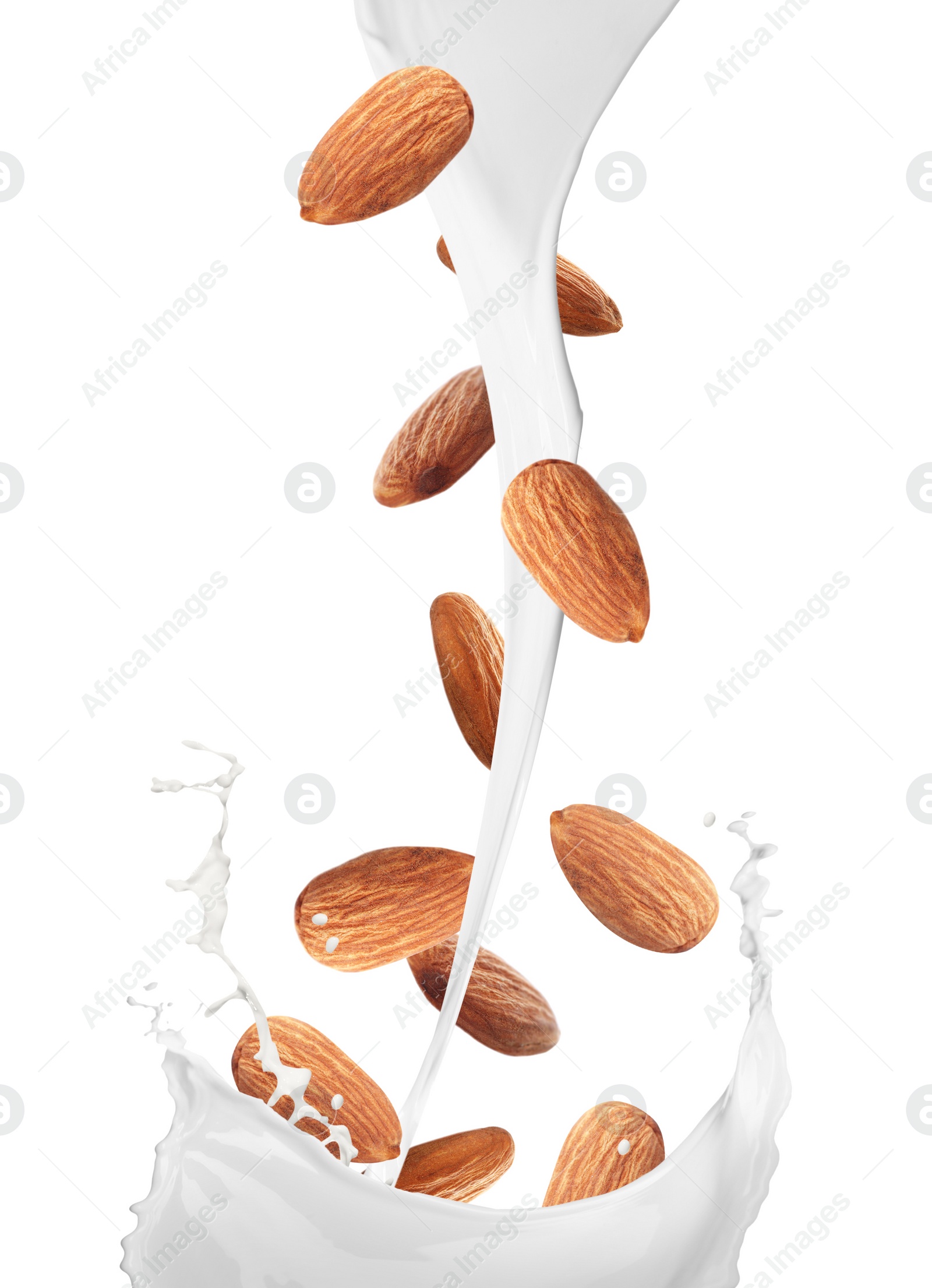 Image of Delicious almond milk and nuts on white background