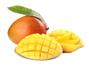 Photo of Delicious ripe mangoes on white background. Tropical fruit