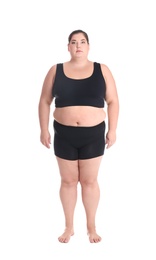 Photo of Overweight woman before weight loss on white background