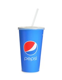 Photo of MYKOLAIV, UKRAINE - JUNE 9, 2021: Paper Pepsi cup with straw isolated on white