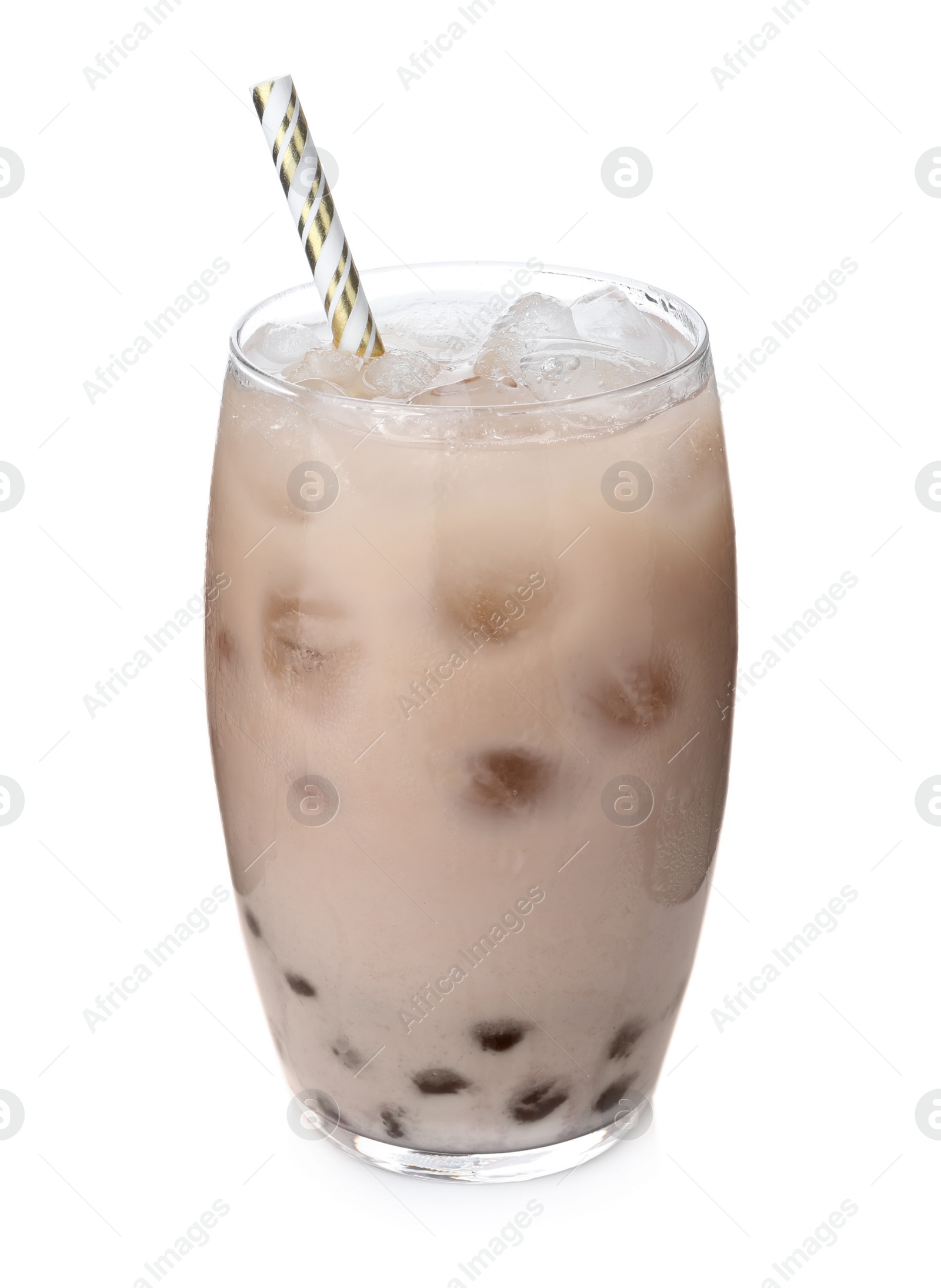 Photo of Tasty brown milk bubble tea isolated on white