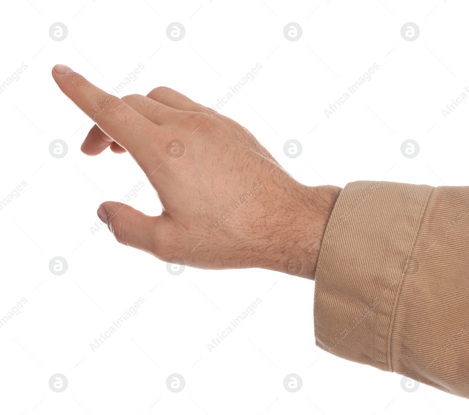 Photo of Man pointing at something against white background, closeup on hand