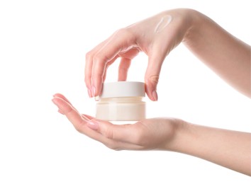 Woman with jar of cream isolated on white, closeup