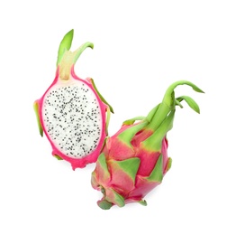 Photo of Delicious cut and whole dragon fruits (pitahaya) on white background, top view