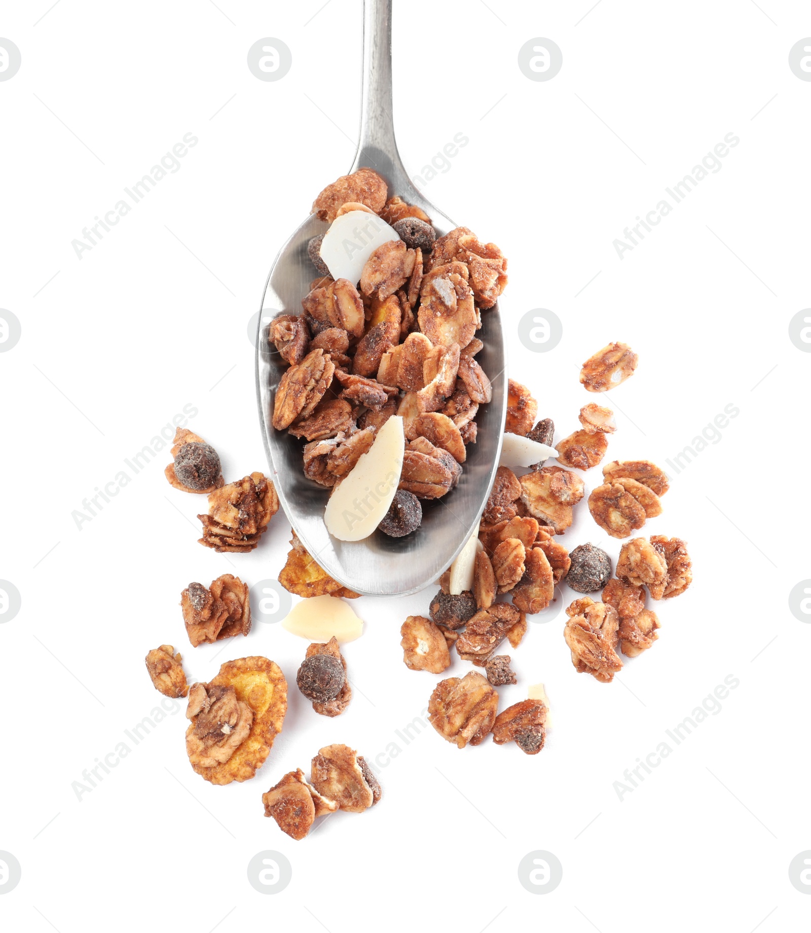 Photo of Spoon with granola on white background, top view. Healthy snack