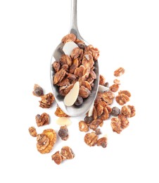 Photo of Spoon with granola on white background, top view. Healthy snack