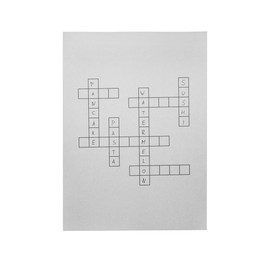 Blank crossword isolated on white, top view. Intellectual entertainment