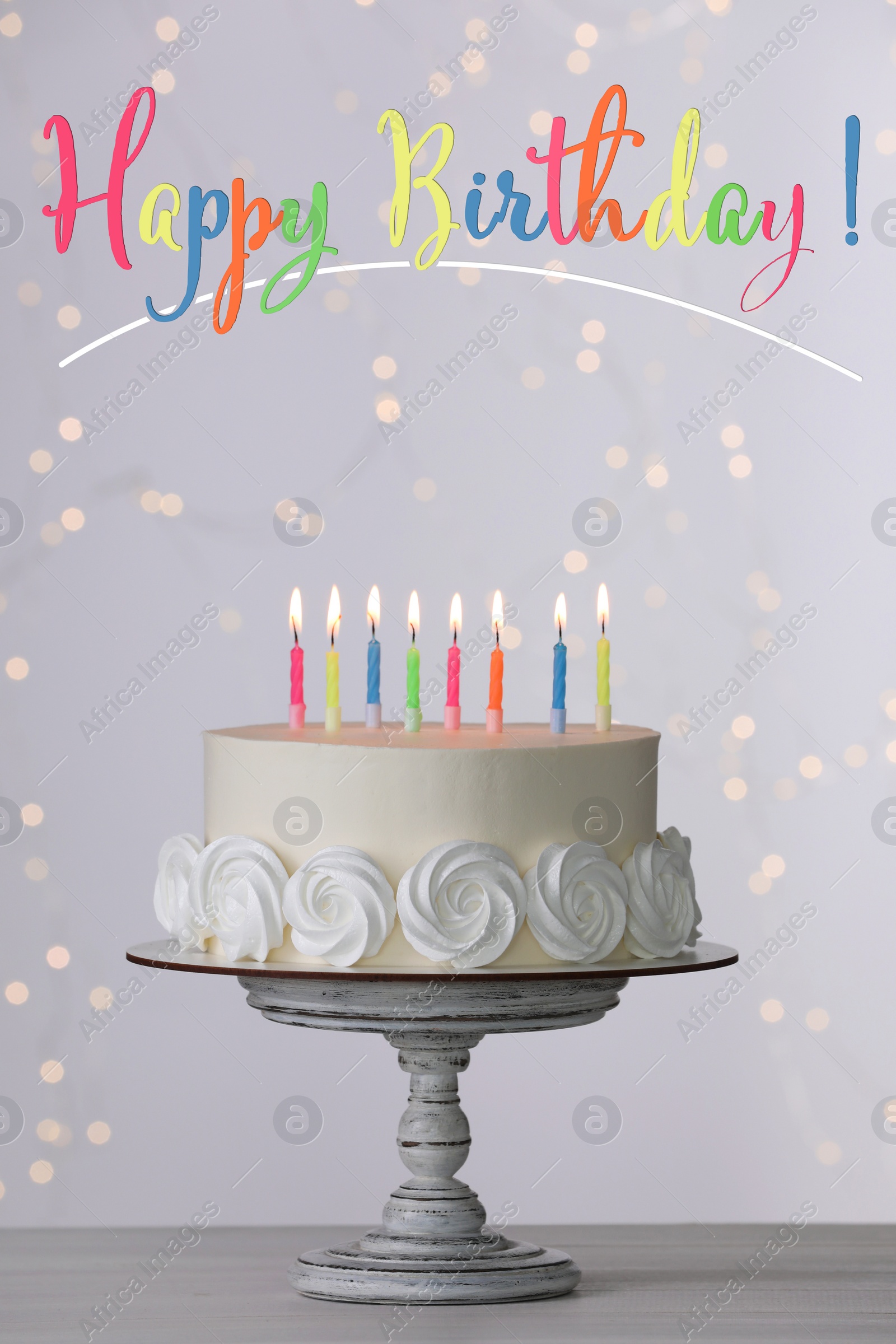 Image of Happy Birthday! Delicious cake with burning candles on white table 