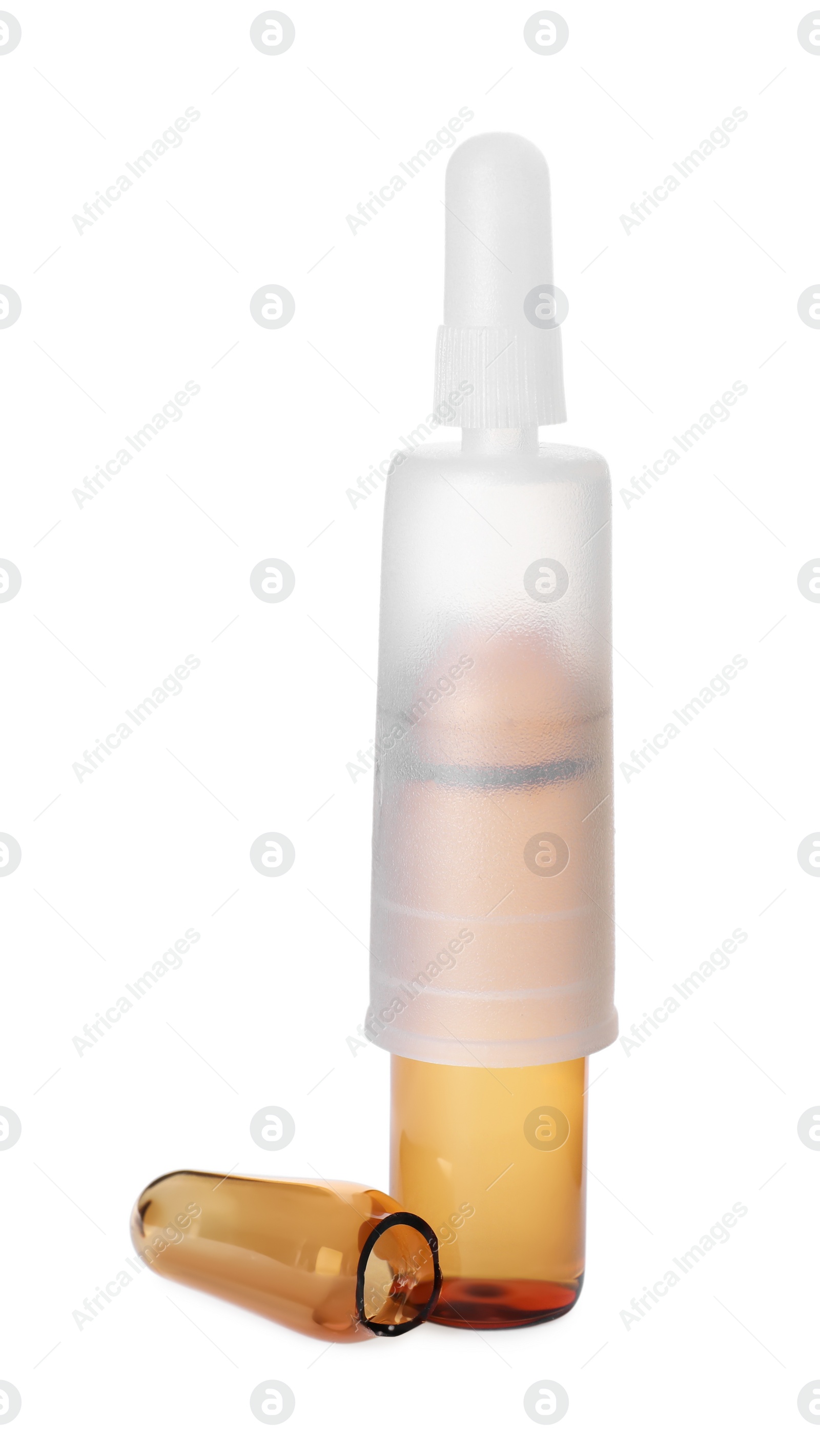 Photo of Open glass pharmaceutical ampoule with dropper on white background
