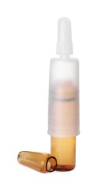 Photo of Open glass pharmaceutical ampoule with dropper on white background