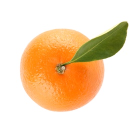 Fresh orange with green leaf on white background, top view. Healthy fruit