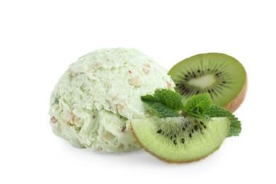 Photo of Scoop of delicious ice cream with kiwi fruits and mint on white background