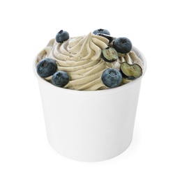 Cup of tasty frozen yogurt with blueberries on white background