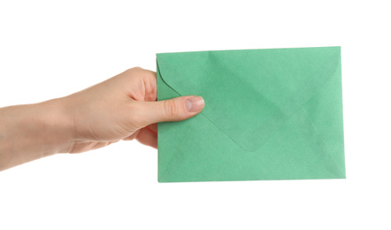 Photo of Woman holding green paper envelope on white background, closeup